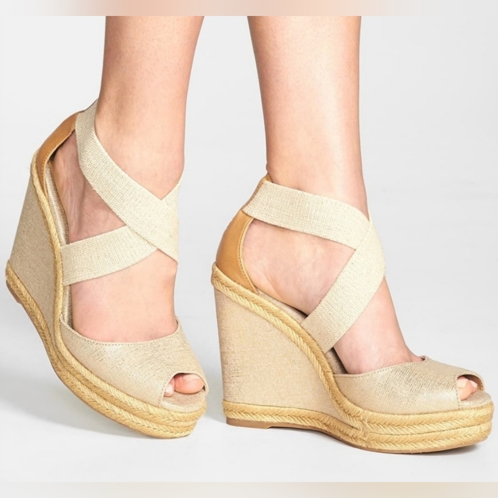 Tory Burch "NATANYA" Espadrille Wedge w/ Leather Trim Golden Honey Wheat…‎